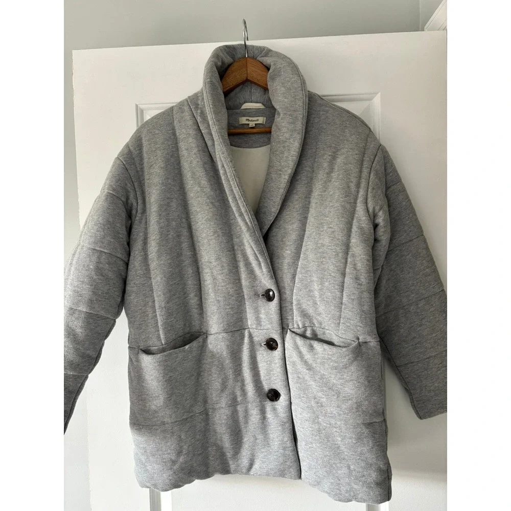 Madewell Quilted Shaw Puffer Coat Women S Gray Button Jacket Front Pockets